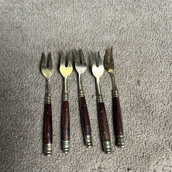 Vintage Lot of 5 Thailand Brass and Teakwood Mini Forks Flatware - Picture 2 of 4